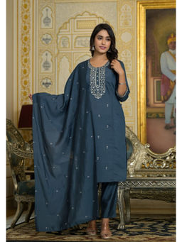 Juniper - Grey Thread and Zari Embroidered Viscose Kurta Pant with Dupatta (Set of 3)