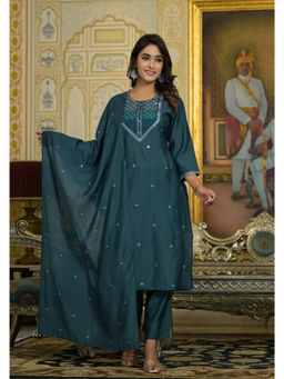 Juniper - Rama Green Thread Embroidered Viscose Kurta Pant with Dupatta (Set of 3)