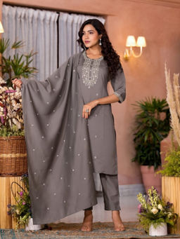 Juniper - Dark Grey Zari Embroidered Viscose Kurta Pant with Dupatta (Set of 3)
