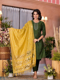 Juniper - Green Zari Embroidered Viscose Kurta Pant with Dupatta (Set of 3)