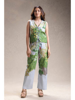 Soup by Sougat Paul - Blue Blume Printed Sleeveless Tie-Up Top and Straight Pants