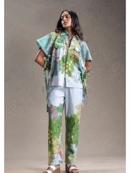 Soup by Sougat Paul - Blue Blume Printed Dropped-Shoulder Shacket and Straight Trousers