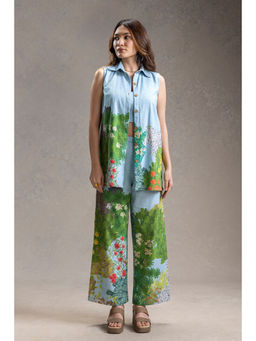 Soup by Sougat Paul - Blue Blume Printed Bustier and Bootcut Pants with Sleeveless Jacket