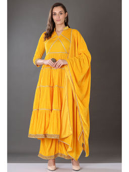 Kaanchie Nanggia - Yellow Velvet with Gota Patti Work Flared Kurta Palazzo & Dupatta (Set of 3)