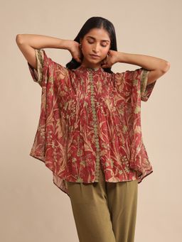 Ritu Kumar - Red Botanical Print Chanderi Kurti with Inner (Set of 2)