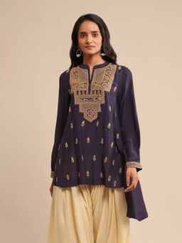 Ritu Kumar - Navy Blue Embroidered Viscose Silk Kurti with Inner (Set of 2)