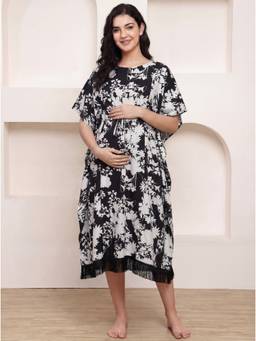 Secret Wish - Black Secret Wish Black Floral Rayon Maternity Kaftan
