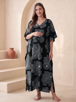 Secret Wish - Black Secret Wish Black Floral Rayon Maternity Kaftan