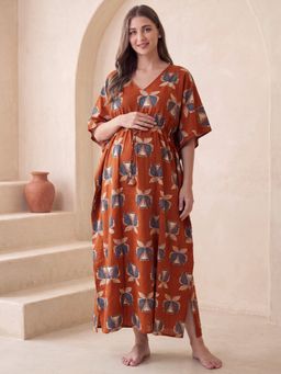 Secret Wish - Rust Secret Wish Rust Printed Cotton Maternity Kaftan