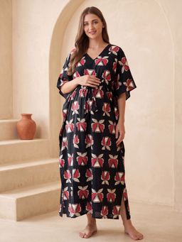 Secret Wish - Black Secret Wish Black Printed Cotton Maternity Kaftan