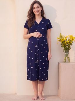 Secret Wish - Navy Blue Secret Wish Navy Blue Shell Print Hosiery Zipless Maternity Nighty