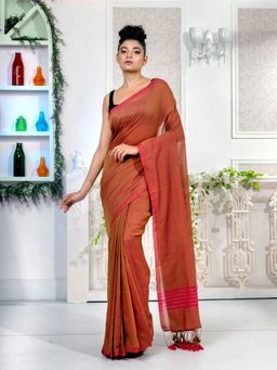 CHARUKRITI - Dark Peach Pure Cotton Handwoven Soft Saree with Strip Pallu with Unstitched Blouse