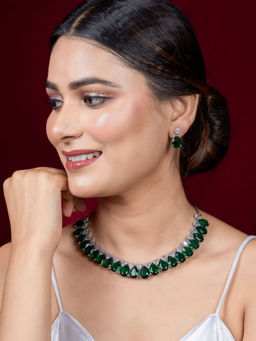 Niscka - American Diamond Emerald Green Leaf Necklace Set