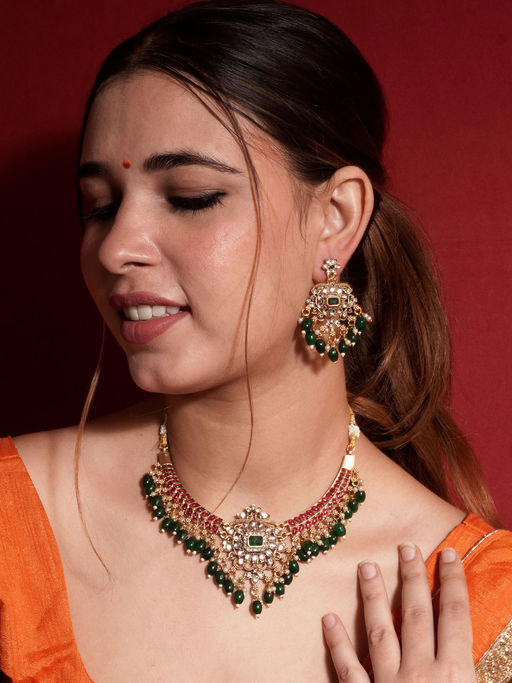 Niscka Exquisite Traditional Ruby and Emerald Kundan Necklace Set