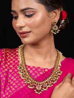 Niscka - 24K Gold Plated Multi Stones Pink and Emerald Jewellery Set