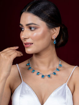 Niscka - Blue American Diamond Rhodium Plated Leaf Design Necklace Set