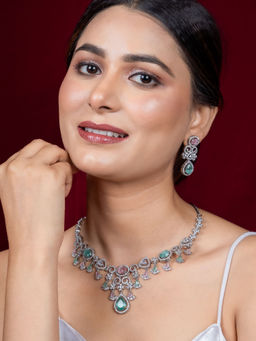 Niscka - Pink and Green Water Drop Zircon American Diamond Jewellery Set