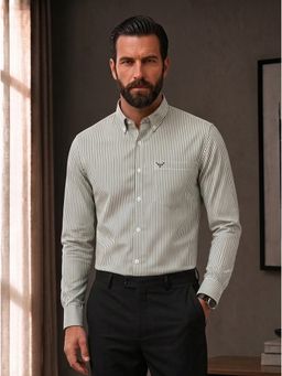 Perch - Bottle Green Striped Slim Fit Cotton Shirt