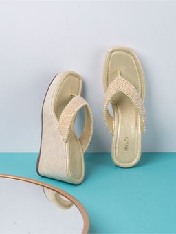 Inc.5 - Womens Gold Party Wear Embellished Square Toe Wedges Heels