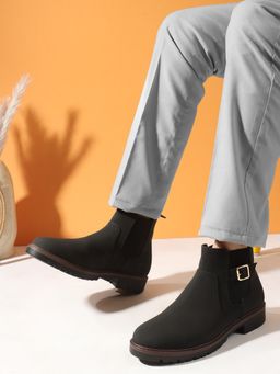 Carlton London - Solid Black Buckle Round Toe Men Chelsea Boots