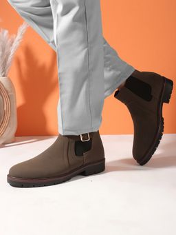 Carlton London - Solid Olive Buckle Round Toe Men Chelsea Boots