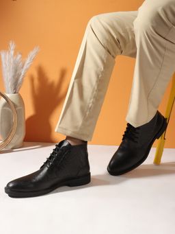 Carlton London - Solid Black Lace-Ups Round Toe Men Casual Boots