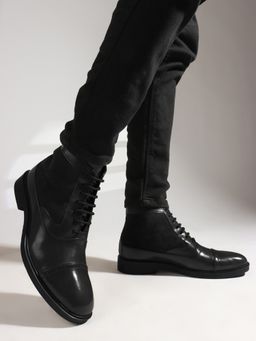 Carlton London - Solid Black Lace-Ups Round Toe Men Casual Boots