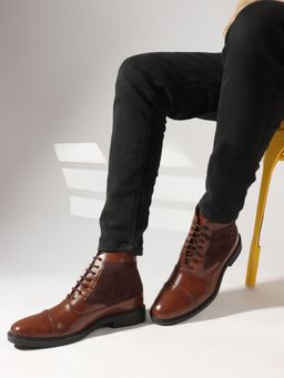 Carlton London - Solid Tan Lace-Ups Round Toe Men Casual Boots