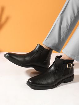 Carlton London - Textured Black Buckle Round Toe Men Chelsea Boots