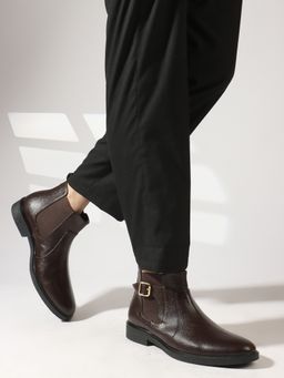 Carlton London - Textured Brown Buckle Round Toe Men Chelsea Boots