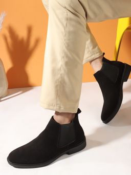 Carlton London - Solid Black Slip-On Round Toe Men Chelsea Leather Boots