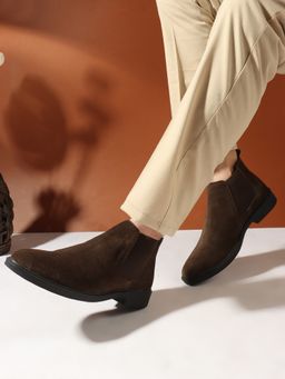 Carlton London - Solid Brown Slip-On Round Toe Men Chelsea Leather Boots