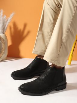 Carlton London - Textured Black Slip-On Round Toe Men Chelsea Boots