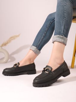 Carlton London - Solid Black Slip-On Casual Women Loafers