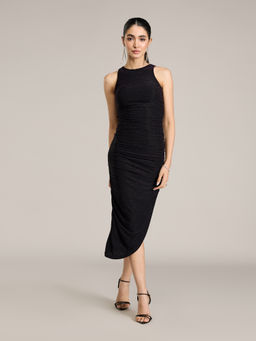 RSVP by Nykaa Fashion - Black Shimmer Sleeveless Asymmetrical Hem Fitted Midi Dress