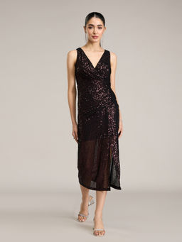 RSVP by Nykaa Fashion - Wine Sequin Embellished Mock Wrap Midi Dress