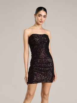 RSVP by Nykaa Fashion - Wine Tube Neck Sequin Embellished Fitted Mini Dress