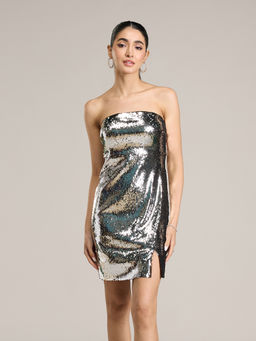 RSVP by Nykaa Fashion - Silver Sequin Embellished Tube Neck Fitted Mini Dress