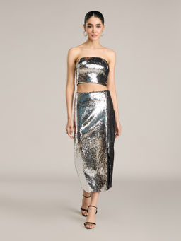 RSVP by Nykaa Fashion - Silver Sequin Tube Crop Top and Fitted Midi Skirt Co Ord Set