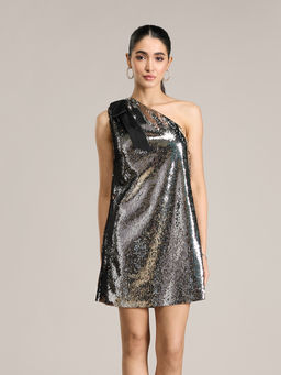 RSVP by Nykaa Fashion - Silver Sequin Embellished One Shoulder Mini Dress with Bow Detail
