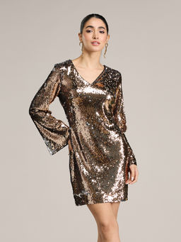 RSVP by Nykaa Fashion - Rose Gold Sequin Embellished Flared Sleeves Mini Dress