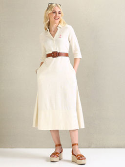 U.S. POLO ASSN. - Solid Linen Viscose A-Line Midi Dress