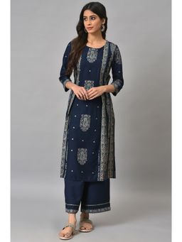 W - Blue Printed Kurta with Parallel Pant (Set of 2)