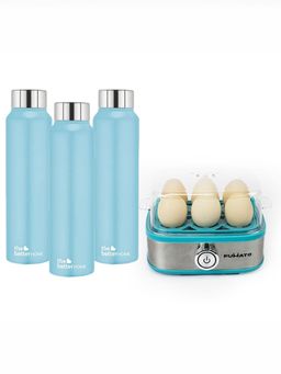 The Better Home - Set Of 2- Egg Boiler (Light Blue) & 3Pcs Simplex 1000Ml Bottle (Blue)