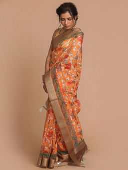 Indethnic - Banarasi Orange Printed Party Wear Saree With Unstitched Blouse