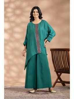 HAAVI BY PURAB - Green Silk Bamberg Embroidered Flared Kurti