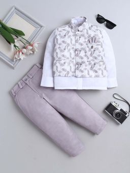 FOURFOLDS - Grey Boys Cotton Blend Leaf Printed Waistcoat with Shirt and Trouser