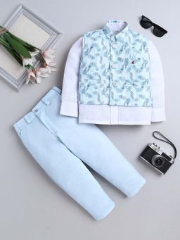 FOURFOLDS - Blue Boys Cotton Blend Leaf Printed Waistcoat with Shirt and Trouser