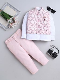 FOURFOLDS - Pink Boys Cotton Blend Leaf Printed Waistcoat with Shirt and Trouser