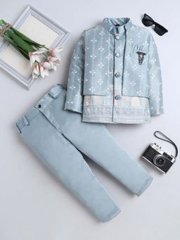 FOURFOLDS - Blue Boys Embroidered Sherwani with Jacket and Trouser